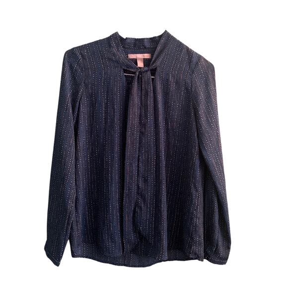 Tie Neck Long Sleeve Teal Blue Spot Print Blouse Top XS Polka Dot Office Work - Picture 9 of 11